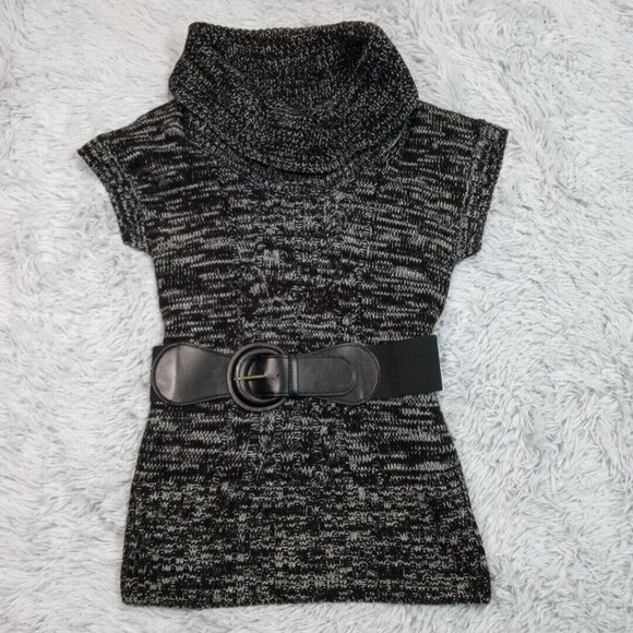 No Boundaries Sweaters - No Boundaries Womens Sweater Tunic Black Small Marled Belted Short Sleeve